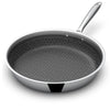 Stainless steel frying pan with a textured non-stick surface on a white background