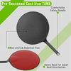 Pre-seasoned cast iron tawa with features highlighted on a gray background