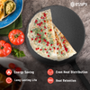 Flatbread with pomegranate seeds on a pan, surrounded by tomatoes and guacamole, with Esspy branding.