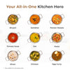 Assorted dishes in pots labeled with dish names on a white background