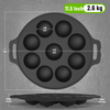 Black round mold with measurements on a gray background