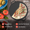 Griddle with sliced pizza on a stone surface, surrounded by tomatoes and guacamole.