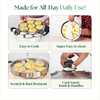 Product advertisement showing a stainless steel kitchen set with features like easy cooking, cleaning, scratch resistance, and cool-touch handles.