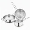 Set of stainless steel cookware including a wok, frying pan, and saucepan on a white background.