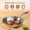Stainless steel frying pan with food on a wooden surface, indicating compatibility with various cooktop types.