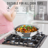 Stainless steel pan with food on a gas stove, suitable for various cooktop types.