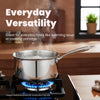 Stainless steel pot on a gas stove with steam, kitchen setting.