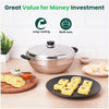 Stainless steel pot on a table with food items and text highlighting value for money and features.