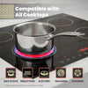 Stainless steel pot on an induction cooktop with compatibility icons below.