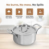 Stainless steel pot with lid on a light background, featuring text and icons about cooking properties.