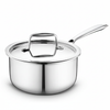 Stainless steel saucepan with lid on a white background