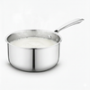 Stainless steel saucepan with milk on a white background