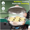 Stainless steel steamer with food on a stove, promoting nutritious cooking.