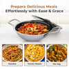 Stainless steel wok with food and images of prepared dishes on a white background