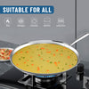 Frying pan with food on a stove, suitable for various cooktop types.