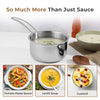 Stainless steel saucepan with soup, images of tomato pasta sauce, lentil soup, and custard.