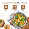 Cooking pan with vegetables, soup, and text about cooking benefits on a white background